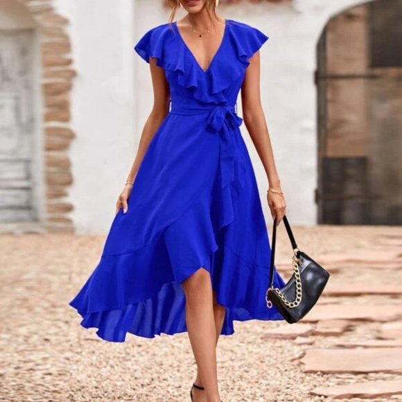 Lovely SummerTime Flowy Ruffle Belted Midi Dress blue - Picture 2 of 6